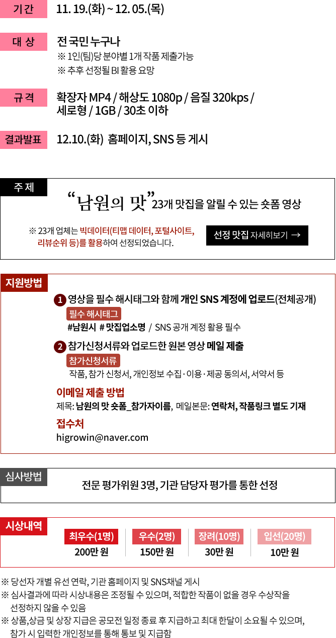 
					기간 : 11. 19.(화) ~ 11. 28.(목)

					대상 : 전 국민 누구나 
					※ 1인(팀)당 분야별 1개 작품 제출가능  ※ 추후 선정될 BI 활용 요망

					규격 : 확장자 MP4 / 해상도 1080p / 음질 320kps / 세로형 / 1GB / 30초 이하

					결과발표 : 12.10.(화) 홈페이지, SNS 등 게시 

					주제 : 남원의 맛 23개 맛집을 알릴 수 있는 숏폼 영상
					※ 23개 업체는 빅데이터(티맵 데이터, 포털사이트, 리뷰순위 등)를 활용하여 선정되었습니다.

					지원방법 : 
					 1. 영상을 필수 해시태그와 함께 개인 sns 계정에 업로드(전체공개)
					 - 필수해시태그 : #남원시 # 맛집업소명 / SNS 공개 계정 활용 필수
					2. 참가신청서류와 업로드한 원본 영상 메일 제출
					- 참가신청서류 : 작품, 참가 신청서, 개인정보 수집·이용·제공 동의서, 서약서 등
					- 이메일 제출방법 : 
					제목: 남원의 맛 숏폼_참가자이름,  메일본문: 연락처, 작품링크 별도 기재
					- 접수처 : higrowin@naver.com

					심사방법 : 전문 평가위원 3명, 기관 담당자 평가를 통한 선정
					
					시상내역 : 
					- 최우수(1명) 200만 원
					- 우수(2명) 150만 원
					- 장려(10명) 30만 원
					- 입선(20명) 10만 원

					※ 당선자 개별 유선 연락, 기관 홈페이지 및 SNS채널 게시
					※ 심사결과에 따라 시상내용은 조정될 수 있으며, 적합한 작품이 없을 경우 수상작을 선정하지 않을 수 있음
					※ 상품,상금 및 상장 지급은 공모전 일정 종료 후 지급하고 최대 한달이 소요될 수 있으며,
					참가 시 입력한 개인정보를 통해 통보 및 지급함
					